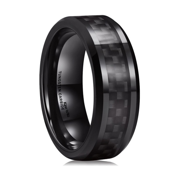 Black Tungsten Men’s Ring with black square carbon fiber inlay, 8mm - Picture 1 of 4